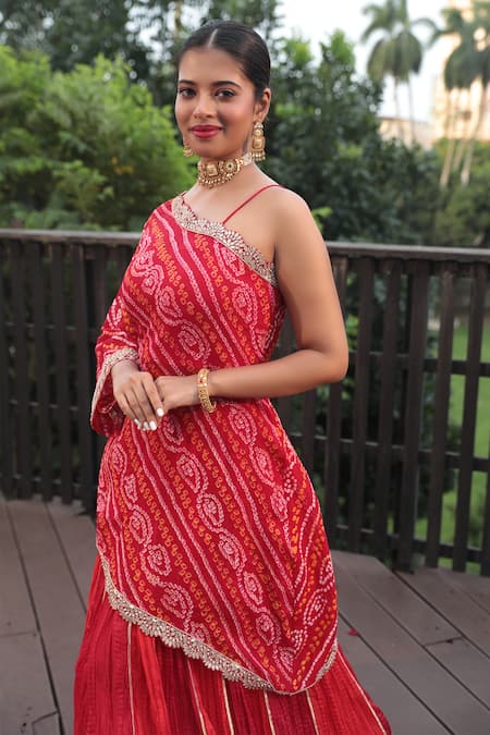 Bandhani Red Silk, Georgette Gota Patti One Shoulder Embroidered Kurta Lehenga Set Online at Aza Fashions Bandhani_Red Silk, Georgette Gota Patti One Shoulder Embroidered Kurta Lehenga Set _Online_at_Aza_Fashions