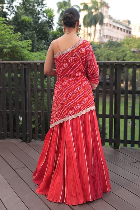 Bandhani One-Shoulder Embroidered Kurta Lehenga Set 