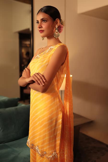 Bandhani Yellow Georgette, Taffeta, Crepe Gota Patti One Bandhani Kurta Sharara Set Online at Aza Fashions Bandhani_Yellow Georgette, Taffeta, Crepe Gota Patti One Bandhani Kurta Sharara Set _Online_at_Aza_Fashions