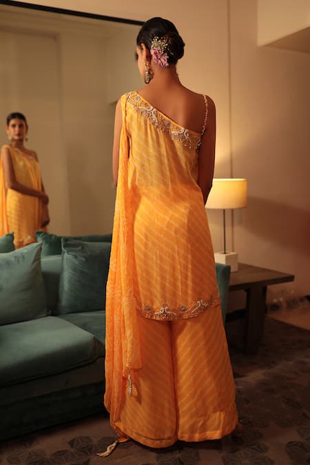 Shop Bandhani Yellow Georgette, Taffeta, Crepe Gota Patti One Bandhani Kurta Sharara Set at Aza Fashions Shop_Bandhani_Yellow Georgette, Taffeta, Crepe Gota Patti One Bandhani Kurta Sharara Set _at_Aza_Fashions