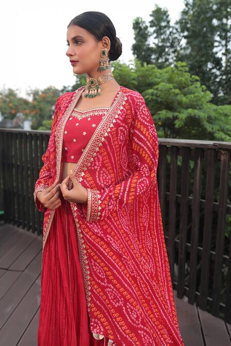 Bandhani_Red Silk, Georgette Embroidery, Gota Patti Bandhani Jacket Crushed Lehenga Set _Online_at_Aza_Fashions