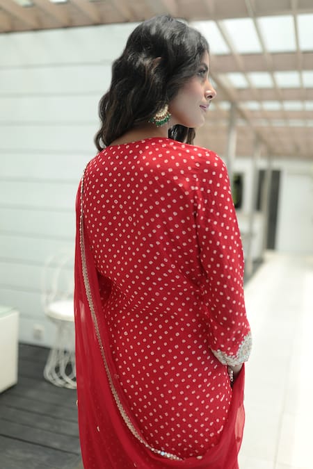 Bandhani_Red Silk, Taffeta, Gabardine, Gingham Pearls, Cut Embroidered Kurta Pant Set _Online_at_Aza_Fashions