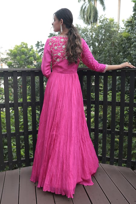 Shop Bandhani Pink Silk, Taffeta, Crepe Cut Work V-neck Embroidered Anagarkha Anarkali at Aza Fashions Shop_Bandhani_Pink Silk, Taffeta, Crepe Cut Work V-neck Embroidered Anagarkha Anarkali _at_Aza_Fashions