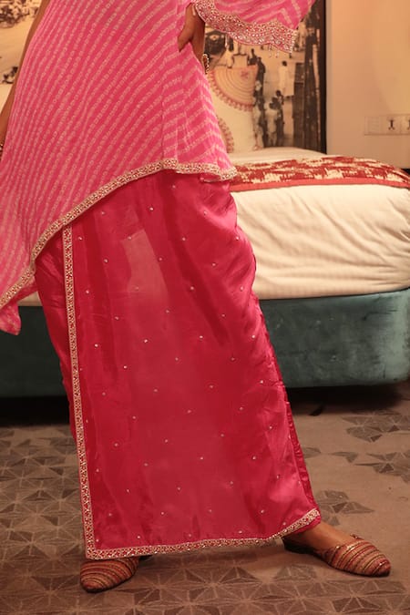 Bandhani_Pink Silk, Georgette, Taffeta, Crepe Embroidery, Gota Kurta Draped Pant Set _Online_at_Aza_Fashions