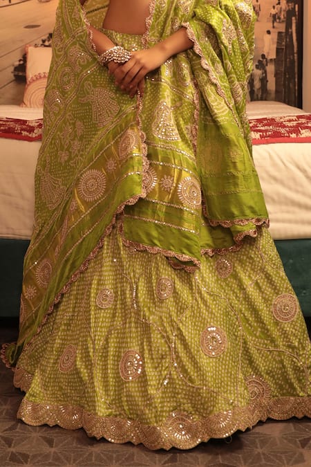 Bandhani Green Silk, Gabardine Gota Patti, Embroidery Bridal Bandhani Print Lehenga Set Online at Aza Fashions Bandhani_Green Silk, Gabardine Gota Patti, Embroidery Bridal Bandhani Print Lehenga Set _Online_at_Aza_Fashions