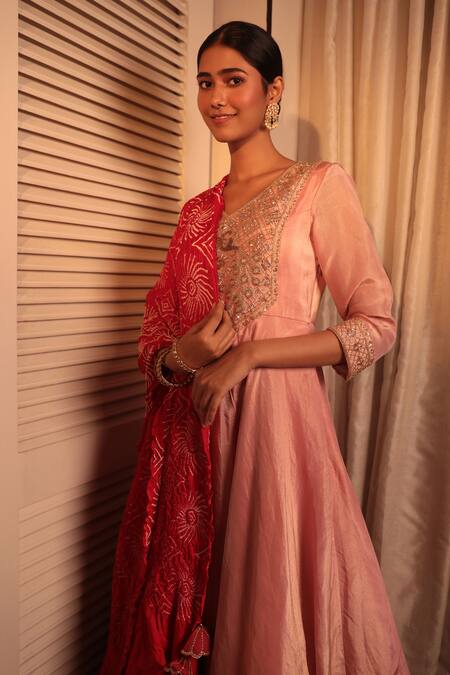 Bandhani Rose Gold Tissue, Gabardine Embroidery, Zardosi Anarkali With Bandhani Dupatta Online at Aza Fashions Bandhani_Rose Gold Tissue, Gabardine Embroidery, Zardosi Anarkali With Bandhani Dupatta _Online_at_Aza_Fashions