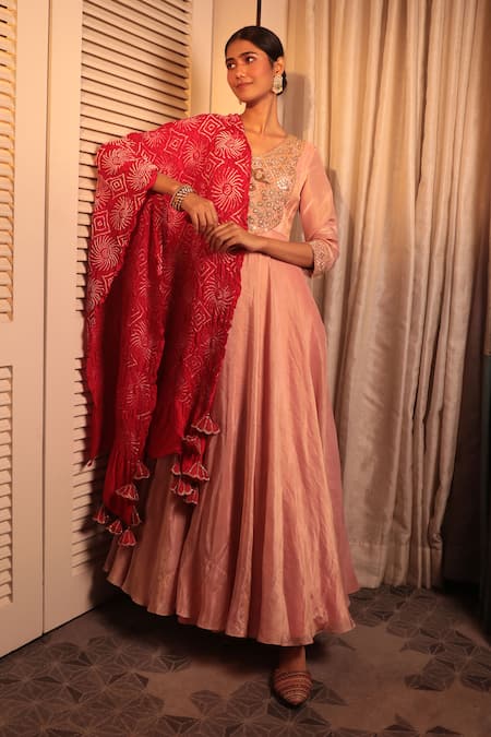 Bandhani Zardosi Embroidered Anarkali With Bandhani Dupatta 