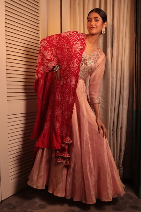 Shop Bandhani Rose Gold Tissue, Gabardine Embroidery, Zardosi Anarkali With Bandhani Dupatta at Aza Fashions Shop_Bandhani_Rose Gold Tissue, Gabardine Embroidery, Zardosi Anarkali With Bandhani Dupatta _at_Aza_Fashions