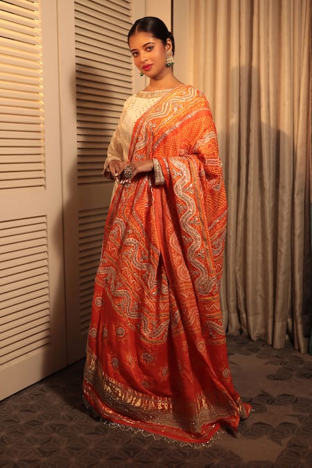Shop Bandhani Off White Georgette Sequins, Gota Patti, Chikankari Anarkali With Dupatta at Aza Fashions Shop_Bandhani_Off White Georgette Sequins, Gota Patti, Chikankari Anarkali With Dupatta _at_Aza_Fashions