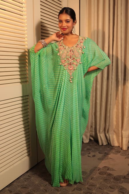 Bandhani Floral Zardosi Embroidered Kaftan 