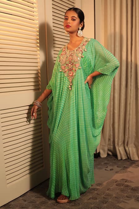 Bandhani Floral Zardosi Embroidered Kaftan 