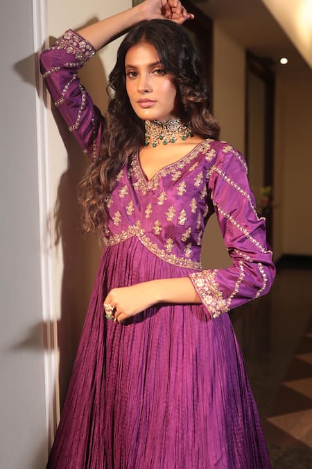Bandhani Purple Silk Zari V-neck Zardosi Embroidered Yoke Anarkali Online at Aza Fashions Bandhani_Purple Silk Zari V-neck Zardosi Embroidered Yoke Anarkali _Online_at_Aza_Fashions