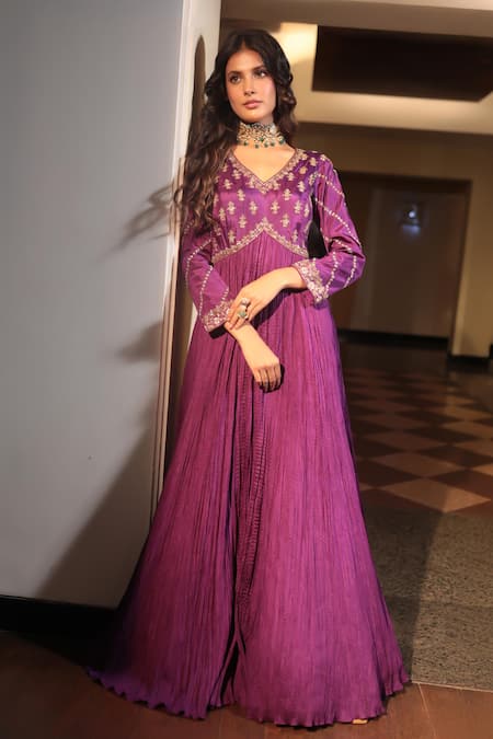 Bandhani Purple Silk Embroidery Zardosi Leaf Yoke Anarkali 