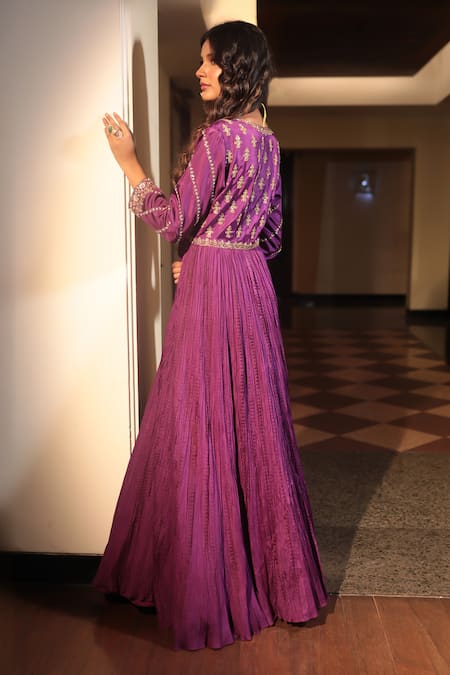 Shop Bandhani Purple Silk Zari V-neck Zardosi Embroidered Yoke Anarkali at Aza Fashions Shop_Bandhani_Purple Silk Zari V-neck Zardosi Embroidered Yoke Anarkali _at_Aza_Fashions