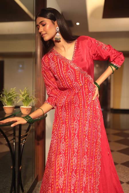 Bandhani Red Silk, Georgette Mirrors V-neck Embroidered Angarkha Style Anarkali Online at Aza Fashions Bandhani_Red Silk, Georgette Mirrors V-neck Embroidered Angarkha Style Anarkali _Online_at_Aza_Fashions