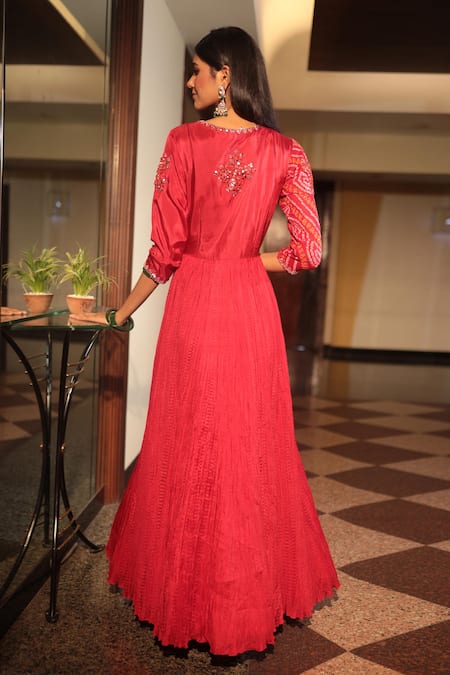 Shop Bandhani Red Silk, Georgette Mirrors V-neck Embroidered Angarkha Style Anarkali at Aza Fashions Shop_Bandhani_Red Silk, Georgette Mirrors V-neck Embroidered Angarkha Style Anarkali _at_Aza_Fashions