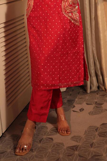 Bandhani_Red Silk Zari, Embroidery Split V-neck Zardosi Straight Kurta With Pant _Online_at_Aza_Fashions