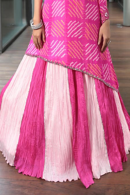 Buy_Bandhani_Pink Silk, Georgette Mirrors, Embroidery Asymmetric Kalidar Lehenga With Kurta _Online_at_Aza_Fashions