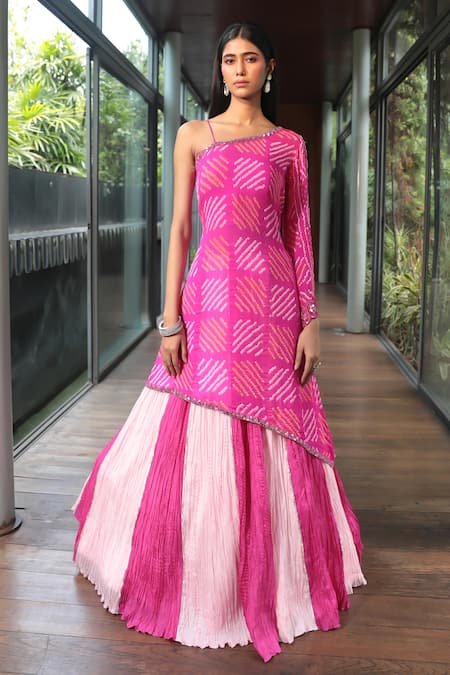 Bandhani Pink Silk Print Mirror Asymmetric Embroidered Kalidar Lehenga With Kurta 