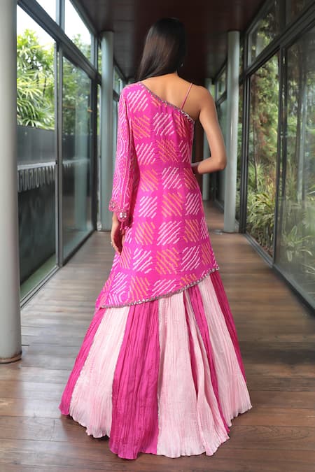 Bandhani Mirror Embroidered Kalidar Lehenga With Asymmetrical Kurta 