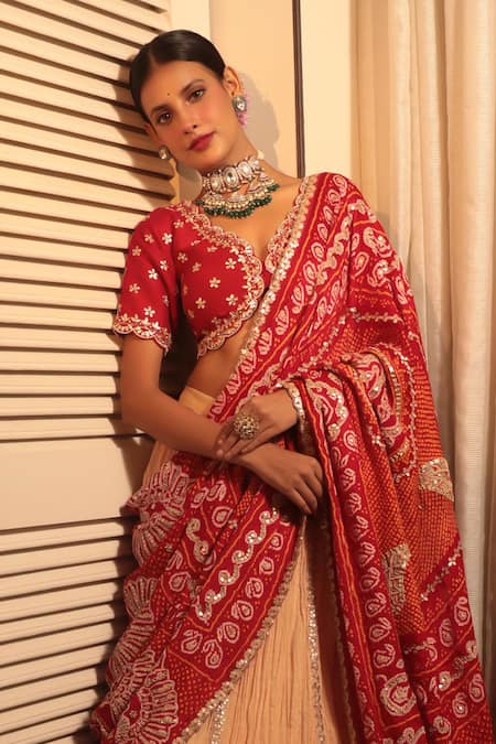 Buy_Bandhani_Red Silk, Gabardine Embroidery, Gota Patti V-neck Floral Lehenga Set _Online_at_Aza_Fashions