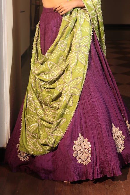 Bandhani_Red Gabardine, Silk Embroidery, Tassels Floral Gota Patti Lehenga Set _Online_at_Aza_Fashions