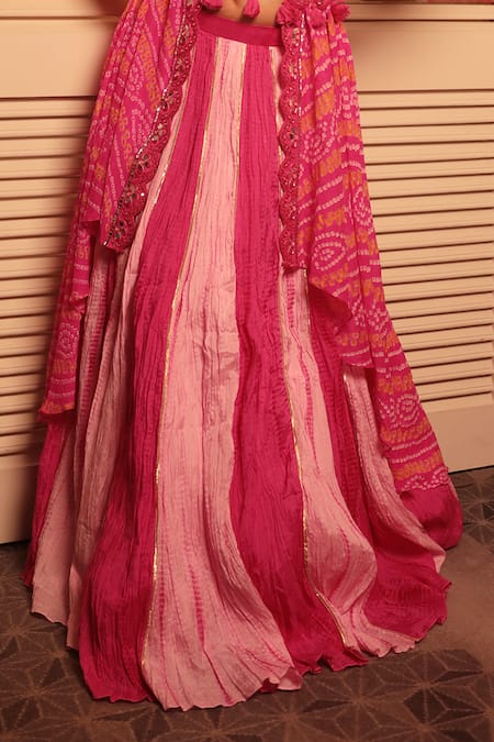 Bandhani_Pink Georgette, Silk Tassels, Mirrors, Gota Embroidered Kalidar Lehenga Set _Online_at_Aza_Fashions