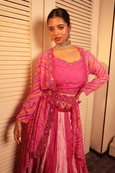 Buy_Bandhani_Pink Georgette, Silk Tassels, Mirrors, Gota Embroidered Kalidar Lehenga Set _Online_at_Aza_Fashions