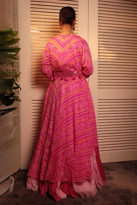 Bandhani Mirror Embroidered Kalidar Lehenga Set 