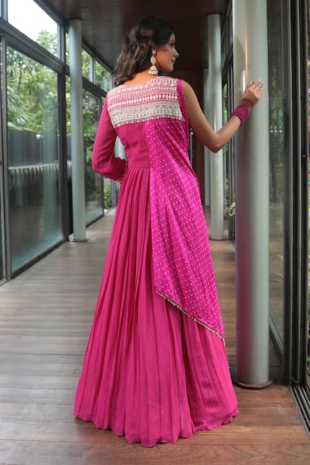 Shop Bandhani Pink Georgette, Taffeta, Crepe Pearls, Sequins Round Embroidered Yoke Anarkali at Aza Fashions Shop_Bandhani_Pink Georgette, Taffeta, Crepe Pearls, Sequins Round Embroidered Yoke Anarkali _at_Aza_Fashions