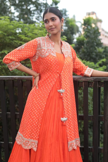 Bandhani_Orange Silk, Taffeta, Crepe Gota Crushed Anarkali With Bhandhani Print Jacket _Online_at_Aza_Fashions