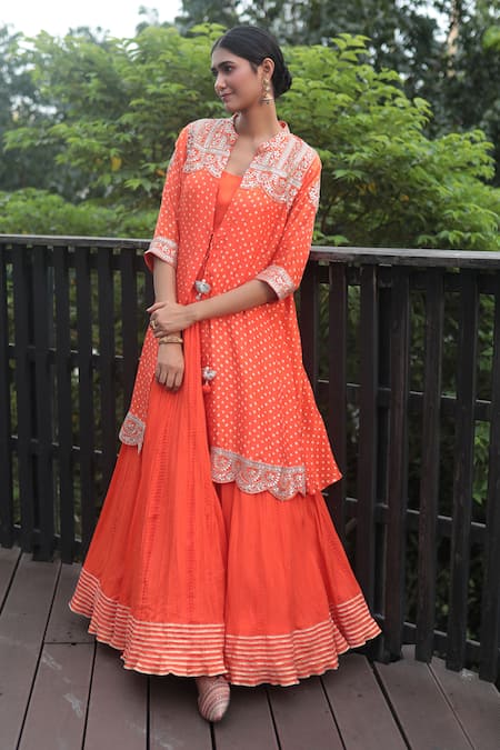 Bandhani Orange Silk Embroidered Bandhani Mandarin Crushed Anarkali With Print Jacket 