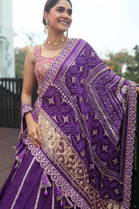 Bandhani_Purple Silk, Gabardine Gota Patti, Tassels Asymmetric Work Lehenga Set _Online_at_Aza_Fashions