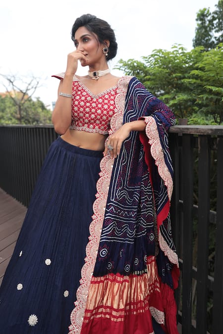 Bandhani_Blue Gabardine, Silk Embroidery, Gota Patti, Beads Floral Motif Lehenga Set _Online_at_Aza_Fashions