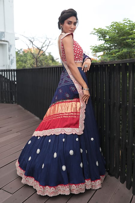 Bandhani Floral Motif Embroidered Lehenga Set 