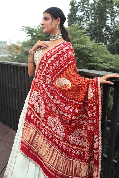 Buy_Bandhani_Off White Silk, Gabardine Gota Patti, Embroidery Work Layered Lehenga Set _Online_at_Aza_Fashions