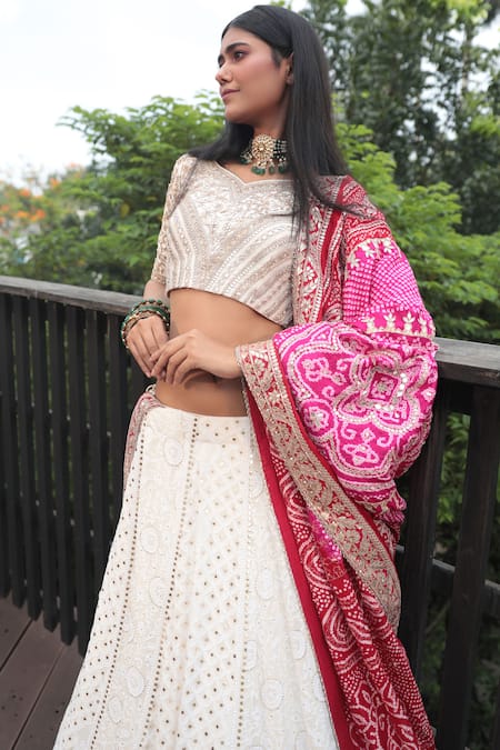 Bandhani_Off White Silk, Georgette, Taffeta Embroidery, Gota Chikankari Lehenga Set _Online_at_Aza_Fashions
