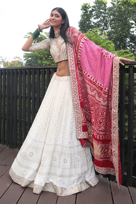 Bandhani Chikankari Embroidered Lehenga Set 