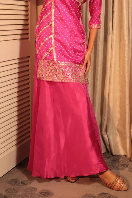 Bandhani Pink Silk, Taffeta, Crepe Gota Patti, Bandhai Print Kurta With Sharara Online at Aza Fashions Bandhani_Pink Silk, Taffeta, Crepe Gota Patti, Bandhai Print Kurta With Sharara _Online_at_Aza_Fashions