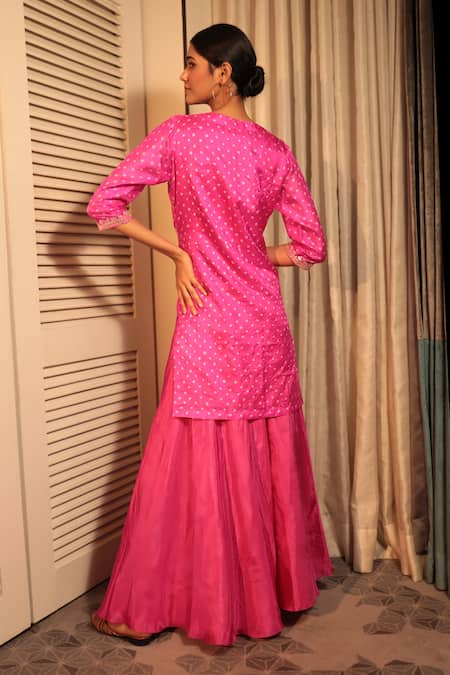 Shop Bandhani Pink Silk, Taffeta, Crepe Gota Patti, Bandhai Print Kurta With Sharara at Aza Fashions Shop_Bandhani_Pink Silk, Taffeta, Crepe Gota Patti, Bandhai Print Kurta With Sharara _at_Aza_Fashions