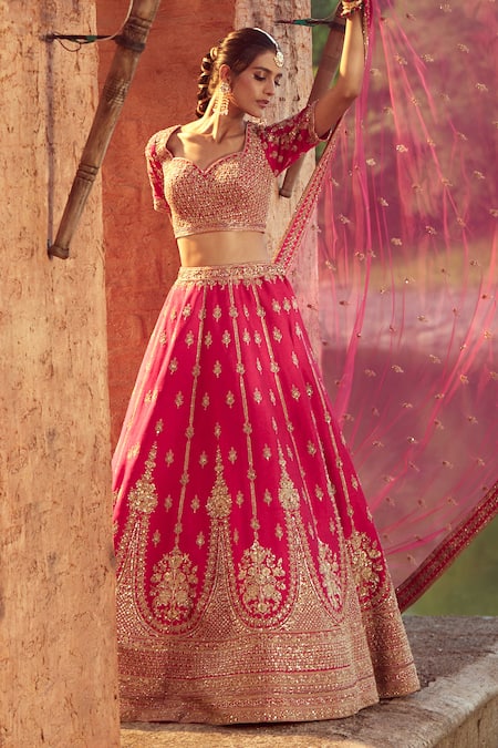 Shop Azeera Pink Silk Zari, Sequins, Embroidery Apoorva Floral Zardozi Bridal Lehenga Set Online at Aza Fashions Shop_Azeera_Pink Silk Zari, Sequins, Embroidery Apoorva Floral Zardozi Bridal Lehenga Set _Online_at_Aza_Fashions