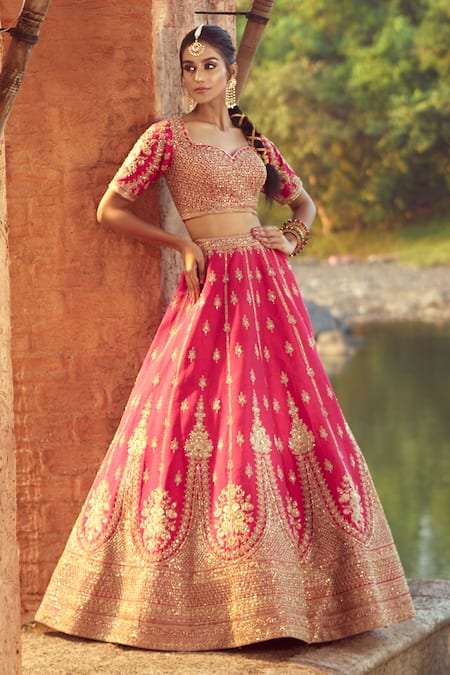 Buy Azeera Pink Silk Zari, Sequins, Embroidery Apoorva Floral Zardozi Bridal Lehenga Set Buy_Azeera_Pink Silk Zari, Sequins, Embroidery Apoorva Floral Zardozi Bridal Lehenga Set