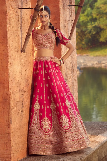 Shop Azeera Pink Silk Zari, Sequins, Embroidery Apoorva Floral Zardozi Bridal Lehenga Set Shop_Azeera_Pink Silk Zari, Sequins, Embroidery Apoorva Floral Zardozi Bridal Lehenga Set