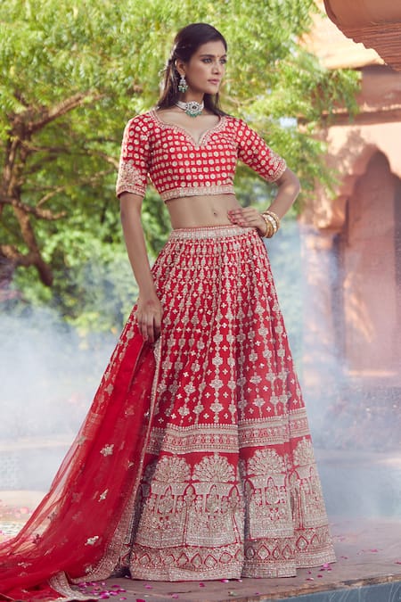 Shop_Azeera_Red Silk Embroidery, Sequins, Zari Bandeau Neck Lavanya Bridal Lehenga Set _at_Aza_Fashions
