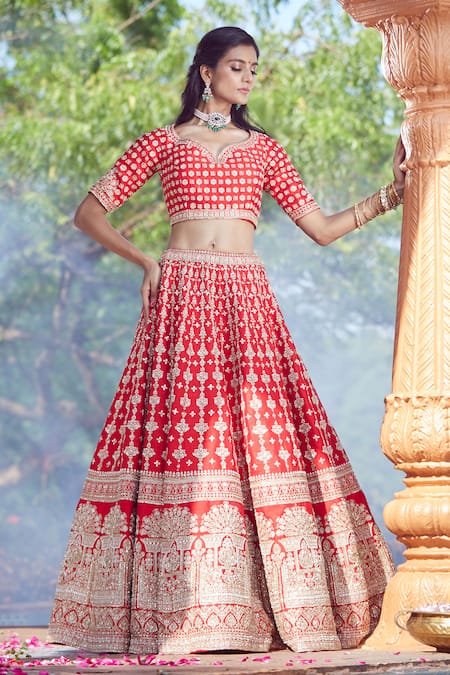 Azeera_Red Silk Embroidery, Sequins, Zari Bandeau Neck Lavanya Bridal Lehenga Set _Online_at_Aza_Fashions