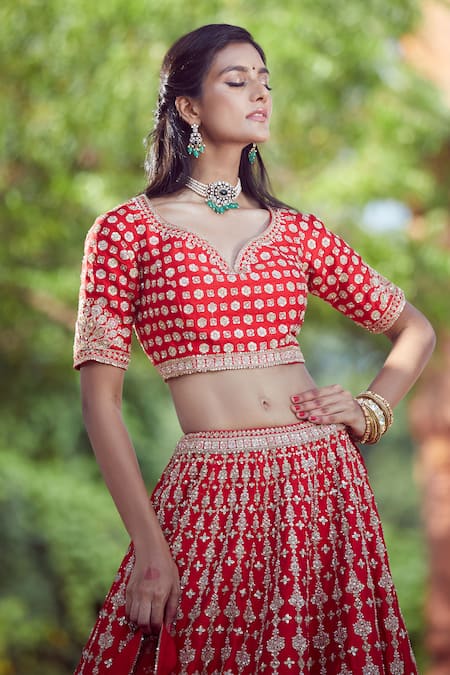 Buy_Azeera_Red Silk Embroidery, Sequins, Zari Bandeau Neck Lavanya Bridal Lehenga Set _Online_at_Aza_Fashions