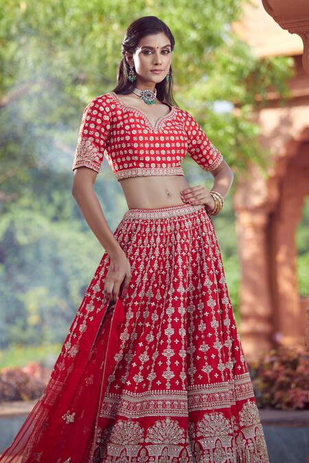Shop_Azeera_Red Silk Embroidery, Sequins, Zari Bandeau Neck Lavanya Bridal Lehenga Set _Online_at_Aza_Fashions