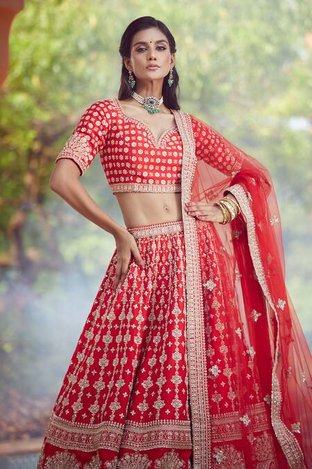 Azeera_Red Silk Embroidery, Sequins, Zari Bandeau Neck Lavanya Bridal Lehenga Set _at_Aza_Fashions