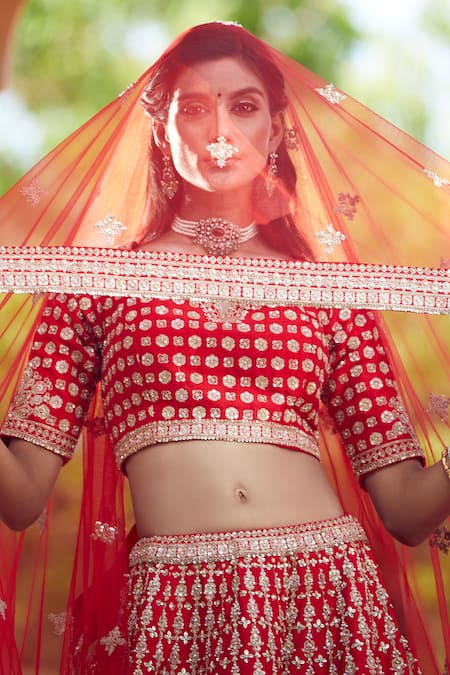 Buy_Azeera_Red Silk Embroidery, Sequins, Zari Bandeau Neck Lavanya Bridal Lehenga Set 