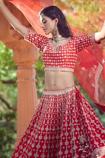 Shop_Azeera_Red Silk Embroidery, Sequins, Zari Bandeau Neck Lavanya Bridal Lehenga Set 